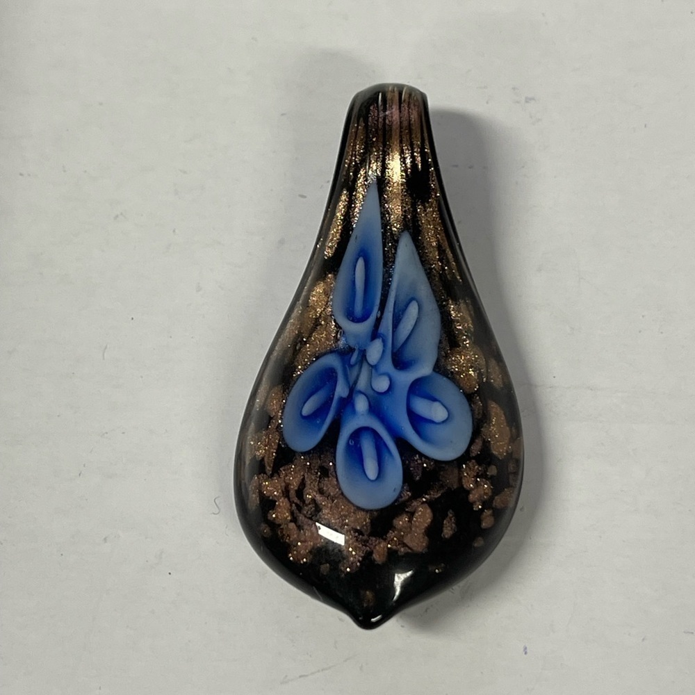 Tear Drop Art Glass Black and blue gold With sparkle Flower Pendant